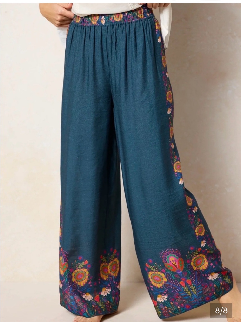 NATURAL LIFE Navy Wide-Leg Pants with Colorful Floral Border - Picture 2 of 9